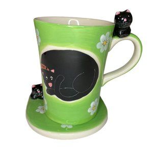 Black Cat Coffee mug with Saucer 3D Hand Painted Herman Dodge & Son Great Gift